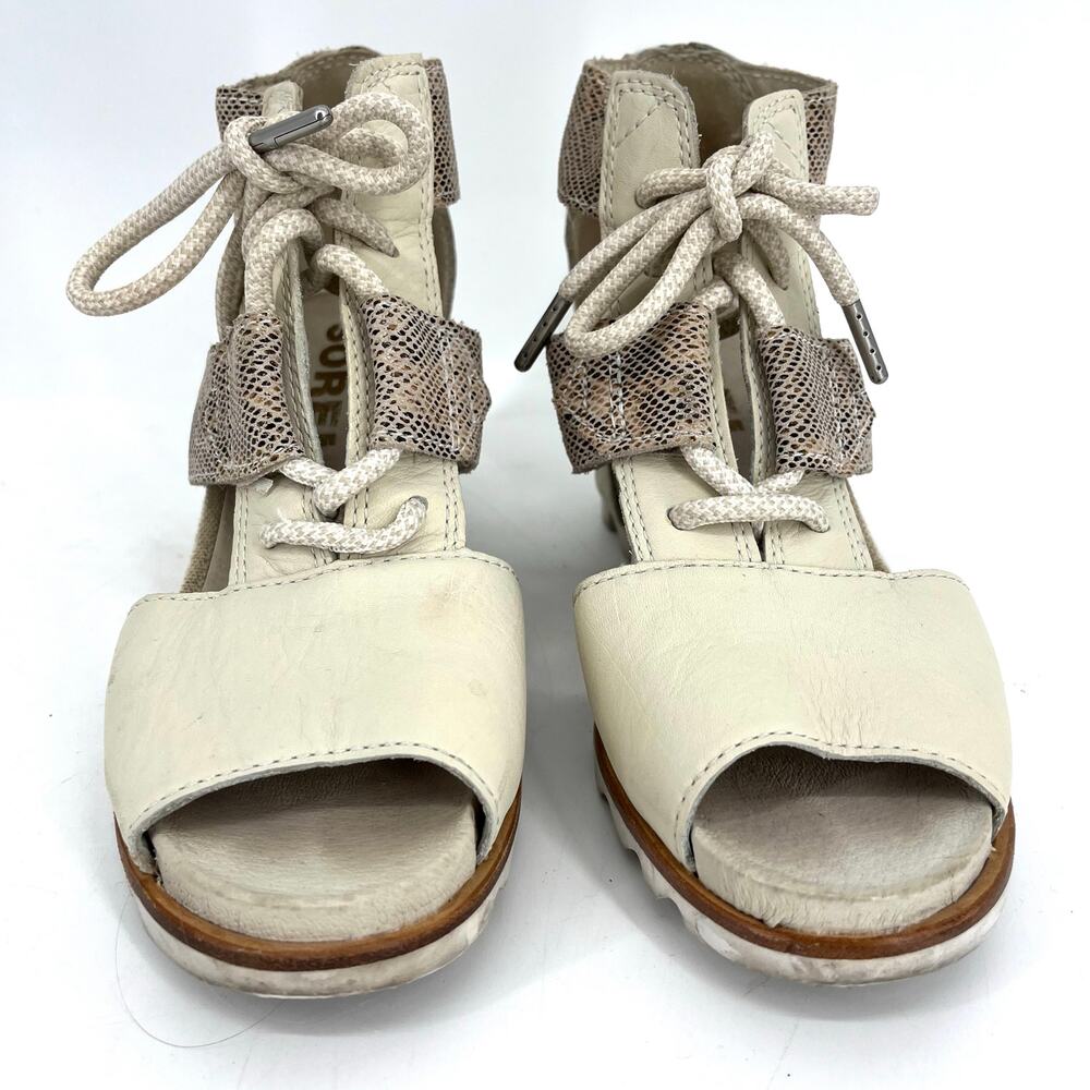 Sorel white/cream leather Joanie III lace wedge open toe sandals (7.5) snakeskin - Picture 2 of 9